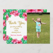 トロピカルピンクハイビスカス誕生日写真ありがとう サンキューカード (正面/裏面)