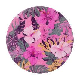 トロピカルピンクハイビスカス – リーフィーフローラデザイン カッティングボード