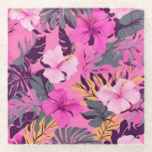 トロピカルピンクハイビスカス – リーフィーフローラデザイン ガラスコースター (正面)