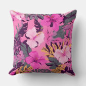 トロピカルピンクハイビスカス – リーフィーフローラデザイン クッション (正面)