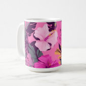 トロピカルピンクハイビスカス – リーフィーフローラデザイン コーヒーマグカップ (正面左)