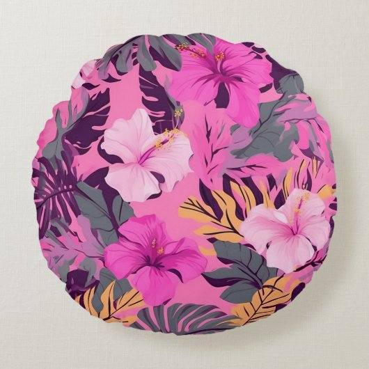 トロピカルピンクハイビスカス – リーフィーフローラデザイン ラウンドクッション (正面)