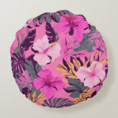 トロピカルピンクハイビスカス – リーフィーフローラデザイン ラウンドクッション (裏面)