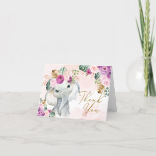 トロピカルピンクバイオレットエレファントベビーシャワー誕生日 サンキューカード
