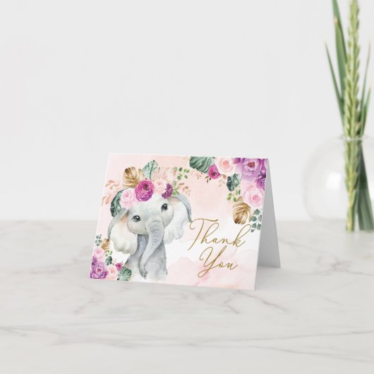 トロピカルピンクバイオレットエレファントベビーシャワー誕生日 サンキューカード (正面)