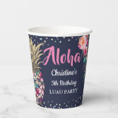 トロピカルピンクパイナップルフローラネービーブルー誕生日 紙コップ (裏面)