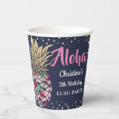 トロピカルピンクパイナップルフローラネービーブルー誕生日 紙コップ (正面)