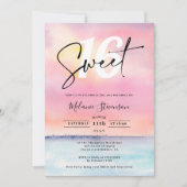 トロピカルピンクビーチサンセットプールパーティースウィート16 招待状 (正面)