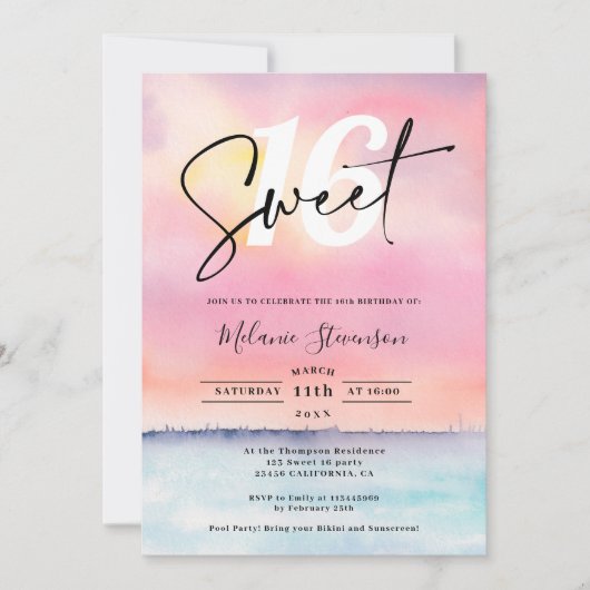 トロピカルピンクビーチサンセットプールパーティースウィート16 招待状 (正面)