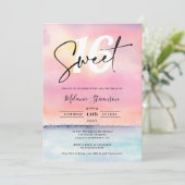 トロピカルピンクビーチサンセットプールパーティースウィート16 招待状 (スタンド正面)