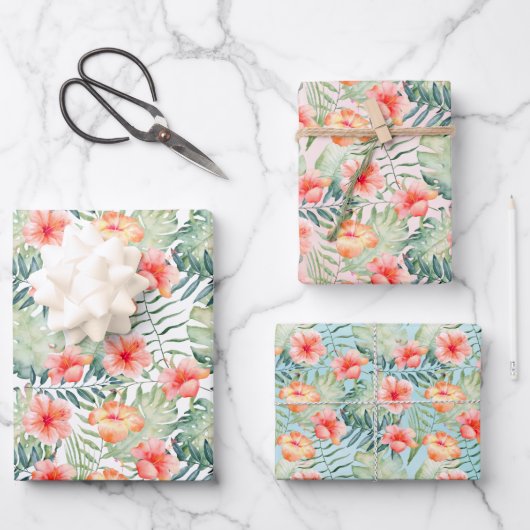トロピカルピンクピーチハイビスカスフローラ ラッピングペーパーシート (正面)
