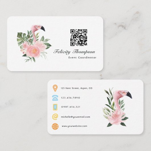 トロピカルピンクフラミンゴイベントコーディネーターQRコード 名刺 (正面/裏面)
