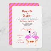 トロピカルピンクフラミンゴスおもしろいモダン結婚式の招待 招待状 (正面/裏面)