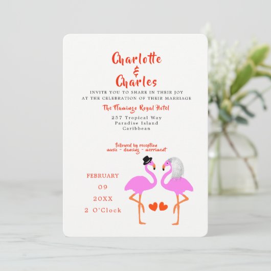 トロピカルピンクフラミンゴスおもしろいモダン結婚式の招待 招待状 (スタンド正面)