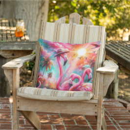 トロピカルピンクフラミンゴスパームツリーズサンウォーターティール（緑がかった色） アウトドアクッション