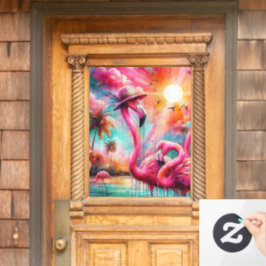 トロピカルピンクフラミンゴスパームツリーズサンウォーターティール（緑がかった色） ウィンドウサイン