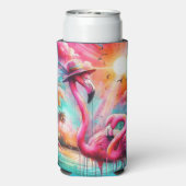 トロピカルピンクフラミンゴスパームツリーズサンウォーターティール（緑がかった色） スリム缶クーラー (Seltzer裏面)