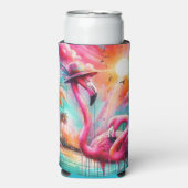 トロピカルピンクフラミンゴスパームツリーズサンウォーターティール（緑がかった色） スリム缶クーラー (Seltzer正面)