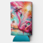 トロピカルピンクフラミンゴスパームツリーズサンウォーターティール（緑がかった色） スリム缶クーラー (裏面)