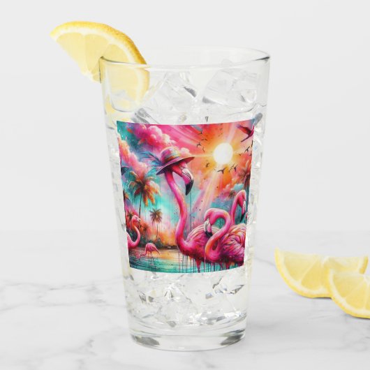 トロピカルピンクフラミンゴスパームツリーズサンウォーターティール(緑がかった色) タンブラーグラス (アイス正面)