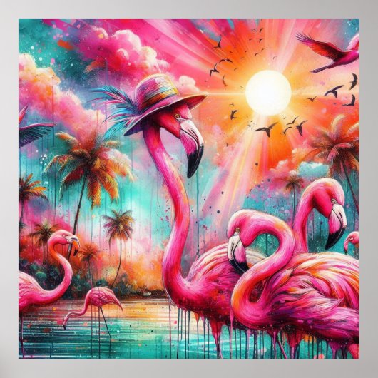 トロピカルピンクフラミンゴスパームツリーズサンウォーターティール(緑がかった色) ポスター (正面)