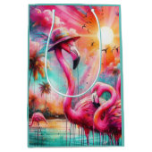 トロピカルピンクフラミンゴスパームツリーズサンウォーターティール（緑がかった色） ミディアムペーパーバッグ (正面)