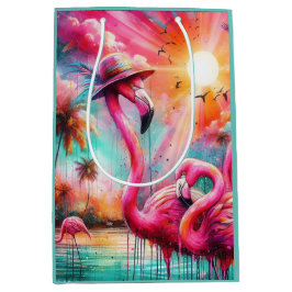 トロピカルピンクフラミンゴスパームツリーズサンウォーターティール（緑がかった色） ミディアムペーパーバッグ