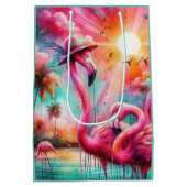 トロピカルピンクフラミンゴスパームツリーズサンウォーターティール（緑がかった色） ミディアムペーパーバッグ (裏面)