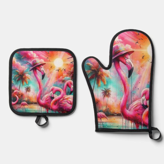 トロピカルピンクフラミンゴスパームツリーズ団体や組織 鍋つかみ&鍋敷きセット (正面)