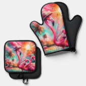 トロピカルピンクフラミンゴスパームツリーズ団体や組織 鍋つかみ&鍋敷きセット (正面/裏面)