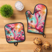 トロピカルピンクフラミンゴスパームツリーズ団体や組織 鍋つかみ&鍋敷きセット (トップダウン)