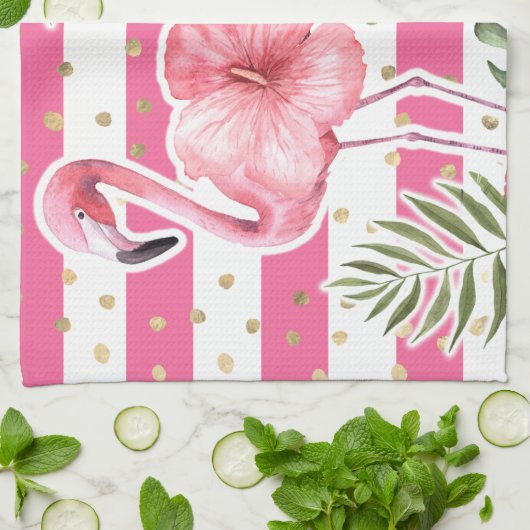 トロピカルピンクフラミンゴスフローラ金ゴールド水玉模様 キッチンタオル (折り畳み)