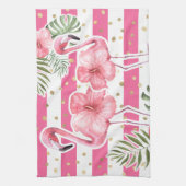トロピカルピンクフラミンゴスフローラ金ゴールド水玉模様 キッチンタオル (縦)