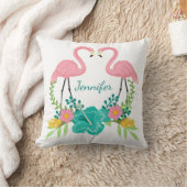 トロピカルピンクフラミンゴパーソナライズされたフローラ クッション (ブランケット)