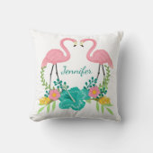 トロピカルピンクフラミンゴパーソナライズされたフローラ クッション (正面)