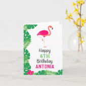 トロピカルピンクフラミンゴパーソナライズされた誕生日 カード (黄色い花)