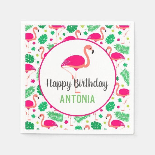 トロピカルピンクフラミンゴパーソナライズされた誕生日 スタンダードカクテルナプキン (正面)