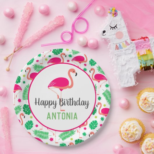 トロピカルピンクフラミンゴパーソナライズされた誕生日 ペーパープレート (パーティー)