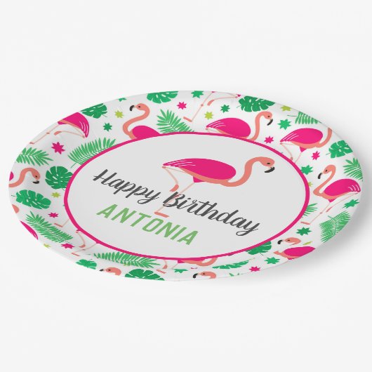 トロピカルピンクフラミンゴパーソナライズされた誕生日 ペーパープレート (アングル)