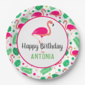 トロピカルピンクフラミンゴパーソナライズされた誕生日 ペーパープレート (正面)