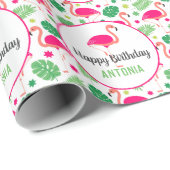 トロピカルピンクフラミンゴパーソナライズされた誕生日 ラッピングペーパー (ロールコーナー)