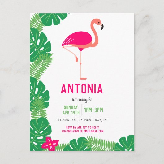 トロピカルピンクフラミンゴビューティフル誕生日 インビテーションポストカード (正面)