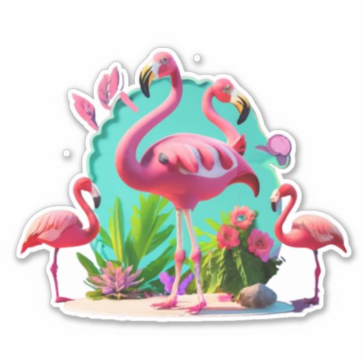 トロピカルピンクフラミンゴフローラバースデーパーティースティック シール (正面)