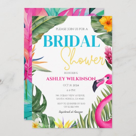トロピカルピンクフラミンゴフローラビーチブライダルシャワー 招待状 (正面/裏面)