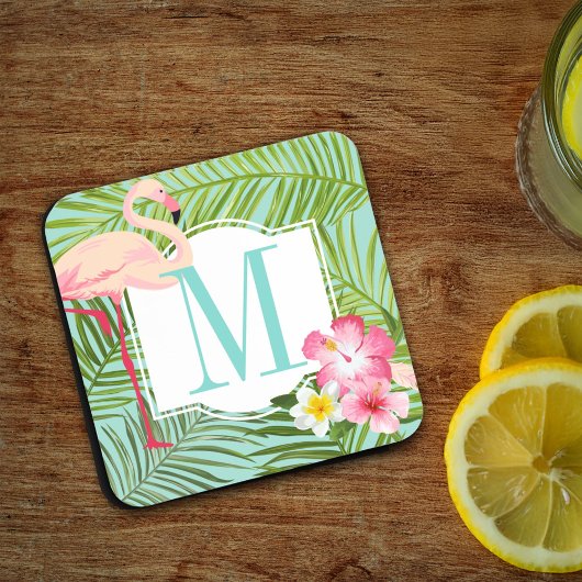 トロピカルピンクフラミンゴフローラモノグラムイニシャル コースター