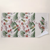 トロピカルピンクフラミンゴフローラルパターンアイボリー ビーチタオル (正面)