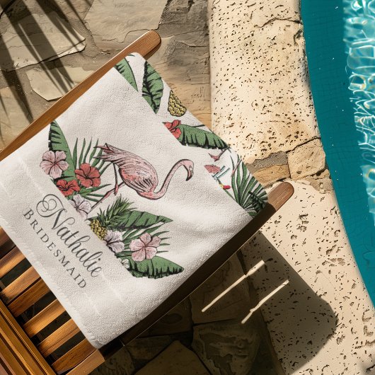 トロピカルピンクフラミンゴフローラルパターンアイボリー ビーチタオル