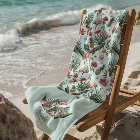 トロピカルピンクフラミンゴフローラルパターンターコイズ ビーチタオル