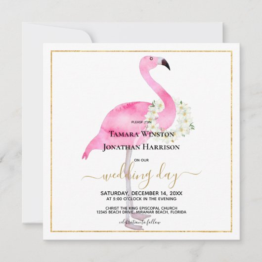 トロピカルピンクフラミンゴマグノリアスビーチ結婚式 招待状 (正面)