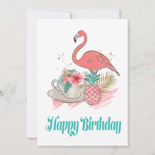 トロピカルピンクフラミンゴ金ゴールドグリッターハッピーバースデー カード (正面)
